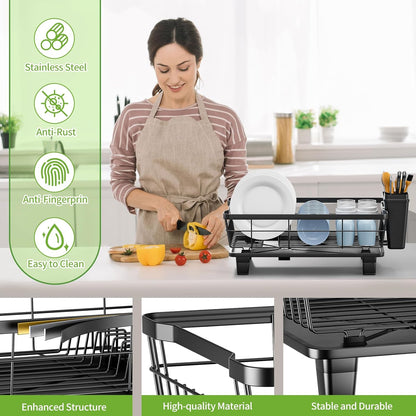 Small Dish Drying Rack by [Brand Name] - Space-Saving Kitchen Organizer with Cutlery Holder | 11''W x 15''L, Black