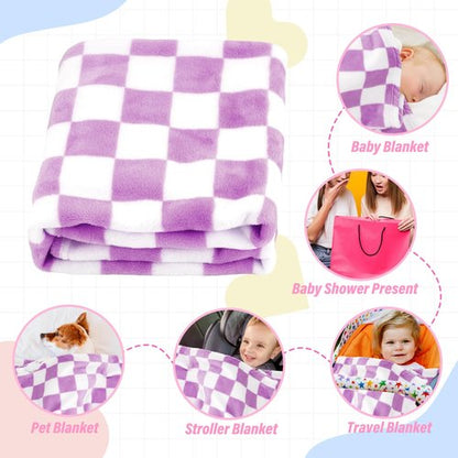 GreatBba Plush Checkered Baby Blanket for Boys Girls Nursery, 30"*40" Warm Short Fleece Blanket Neutral for Infant Newborn, Small Fuzzy for Sleeping, Chenille or Stroller (Purple&White)