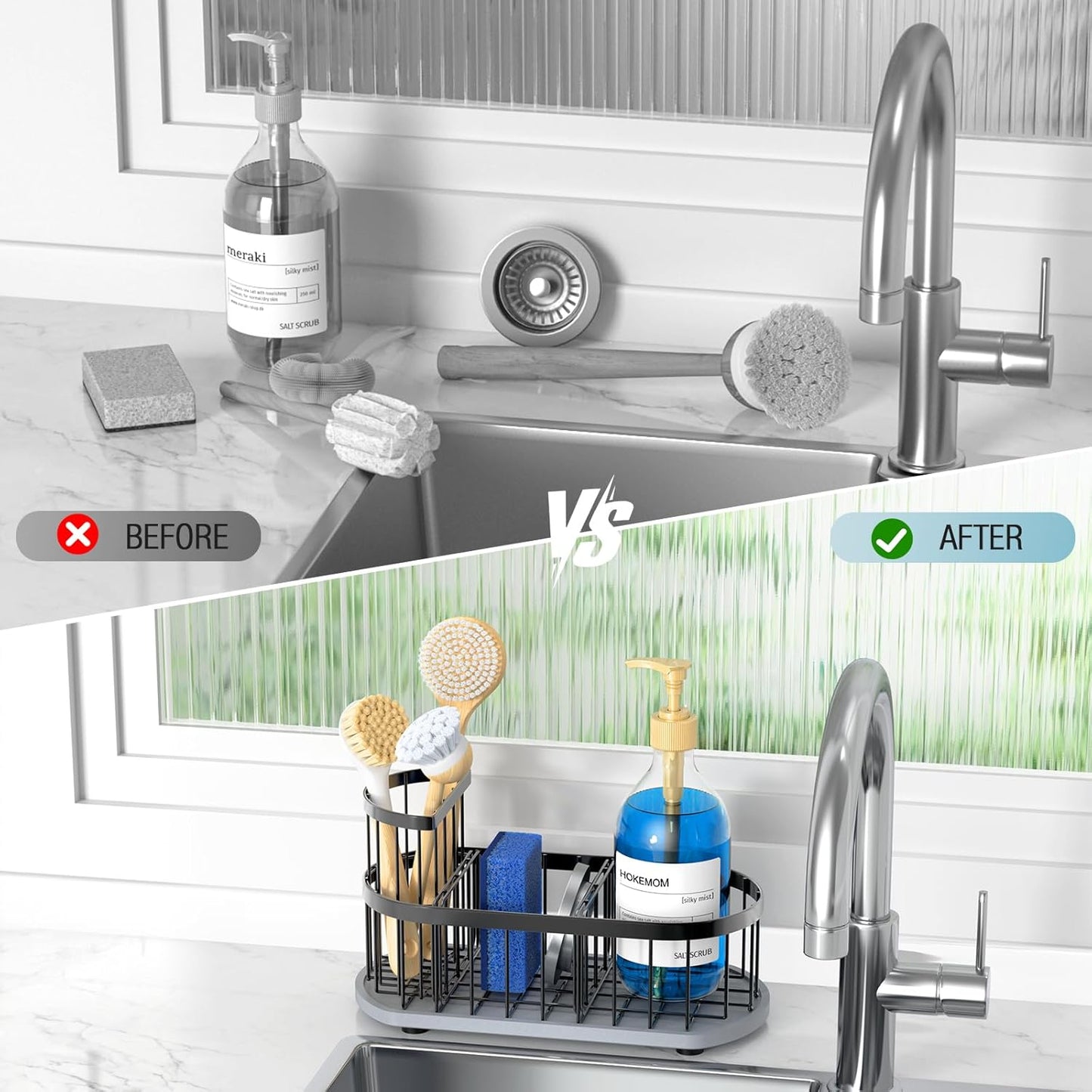 Skiennix Kitchen Sink Caddy Organizer - Rustproof Stainless Steel with Stay-Dry Stone Tray | Black