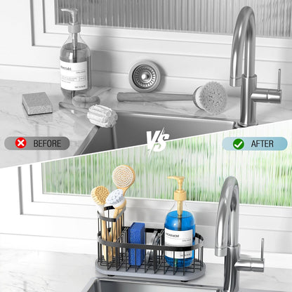 Skiennix Kitchen Sink Caddy Organizer - Rustproof Stainless Steel with Stay-Dry Stone Tray | Black