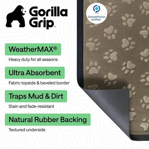 GORILLA GRIP Waterproof All-Season WeatherMAX Doormat - Natural Rubber, Stain & Fade Resistant, 29x17, Tan Pawprints
