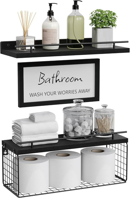 WOPITUES Floating Wall Shelves - Stylish Bathroom Organizers with Metal Guardrail | Black Finish