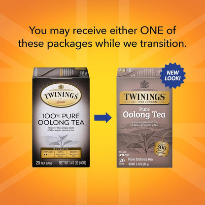 Twinings Pure Oolong Tea - Golden Caffeinated Tea Bags, 20 Count Each, Individually Wrapped | 2-Pack