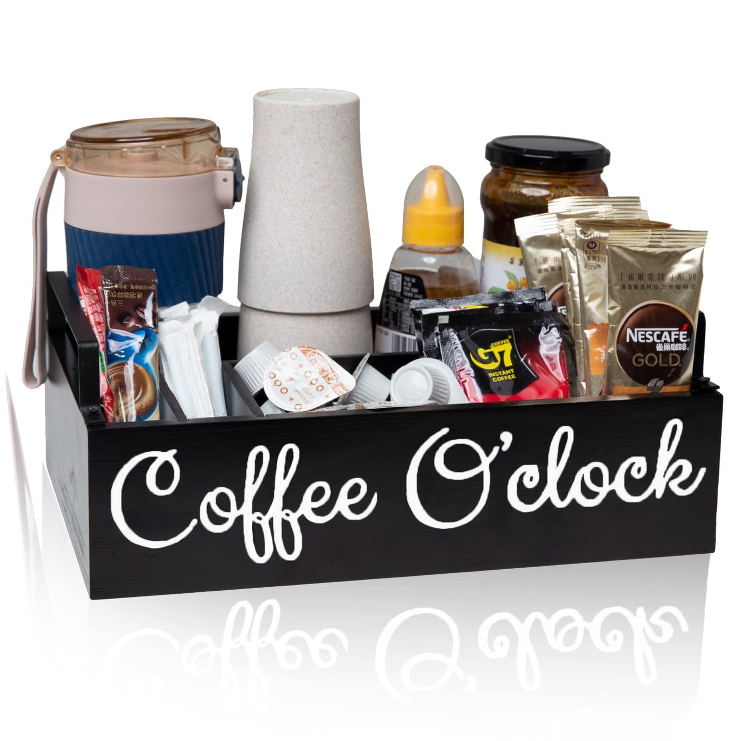 QUALLON Coffee Station Organizer with Small Removable Dividers, Wooden Coffee Bar Accessories Storage For Countertop, Farmhouse Kcup Coffee Pod Holder Basket With Handle For Coffee Lover-black