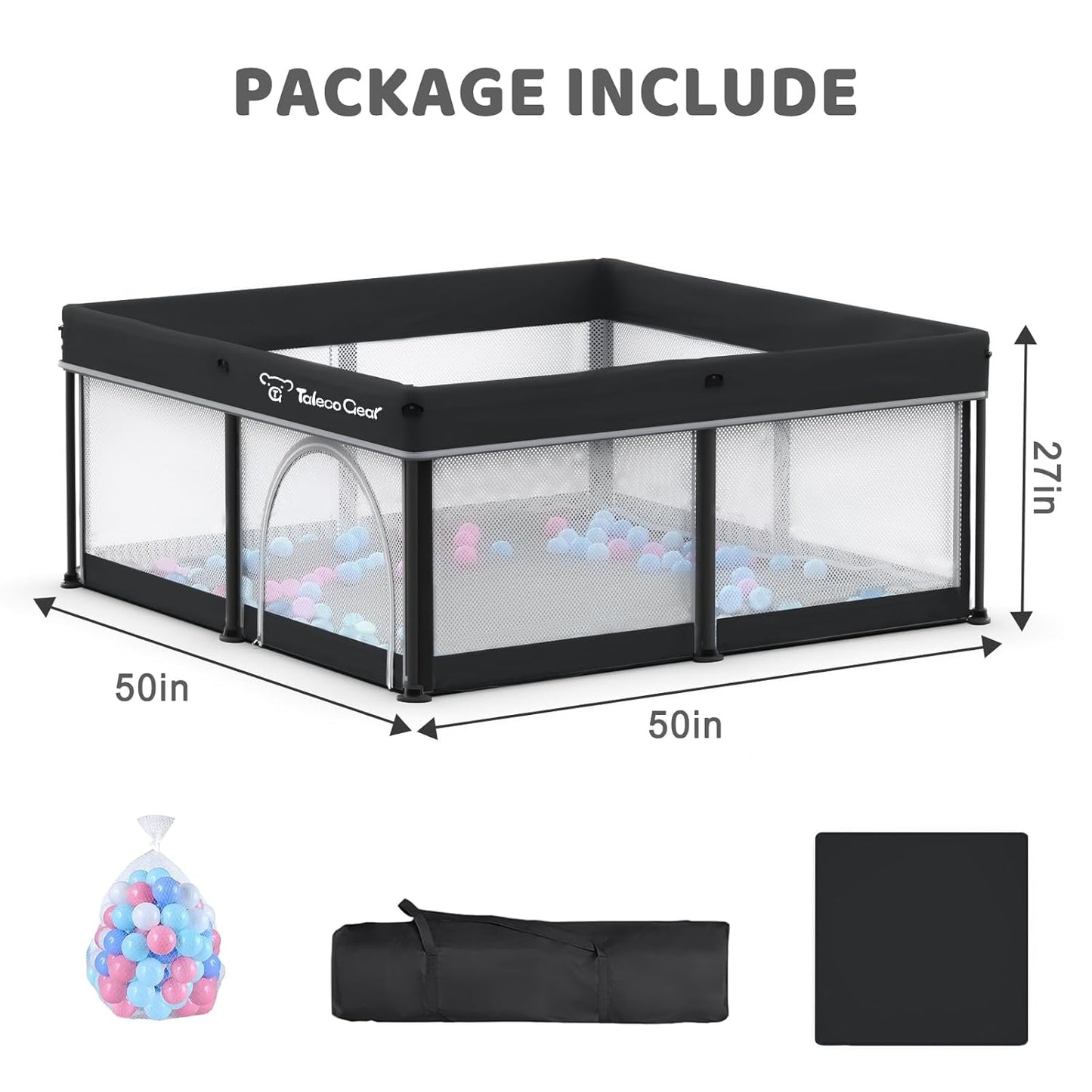 Taleco Gear Foldable Baby Play Pen - Breathable Travel Playpen with Mat & 50 Ocean Balls | 50''x50'' Size