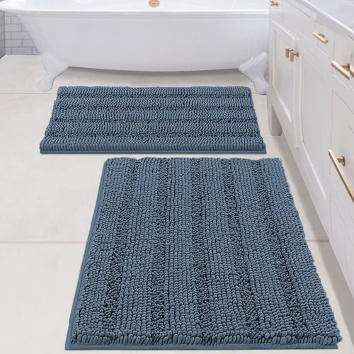 H.VERSAILTEX Bathroom Rug Sets 2 Piece Bath Mats Non Slip Thick Soft Chenille Striped Bath Rug achine Washable Shower Floor Rugs for Tub, Shower and Floor (Blue Indigo, 20" x 32"/24" x 36")