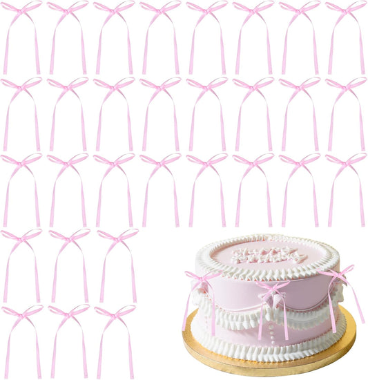Skiennix 30Pcs Bow Cake Toppers - Pink Bowknot Decorations for Birthday & Wedding Parties