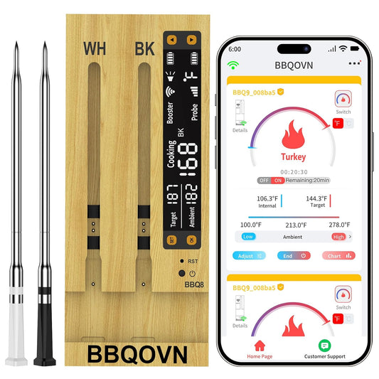 BBQOVN Wireless Meat Thermometer - Unlimited Range, Dual Probes & NIST Certified Sensors | Smart App for BBQ & Grill