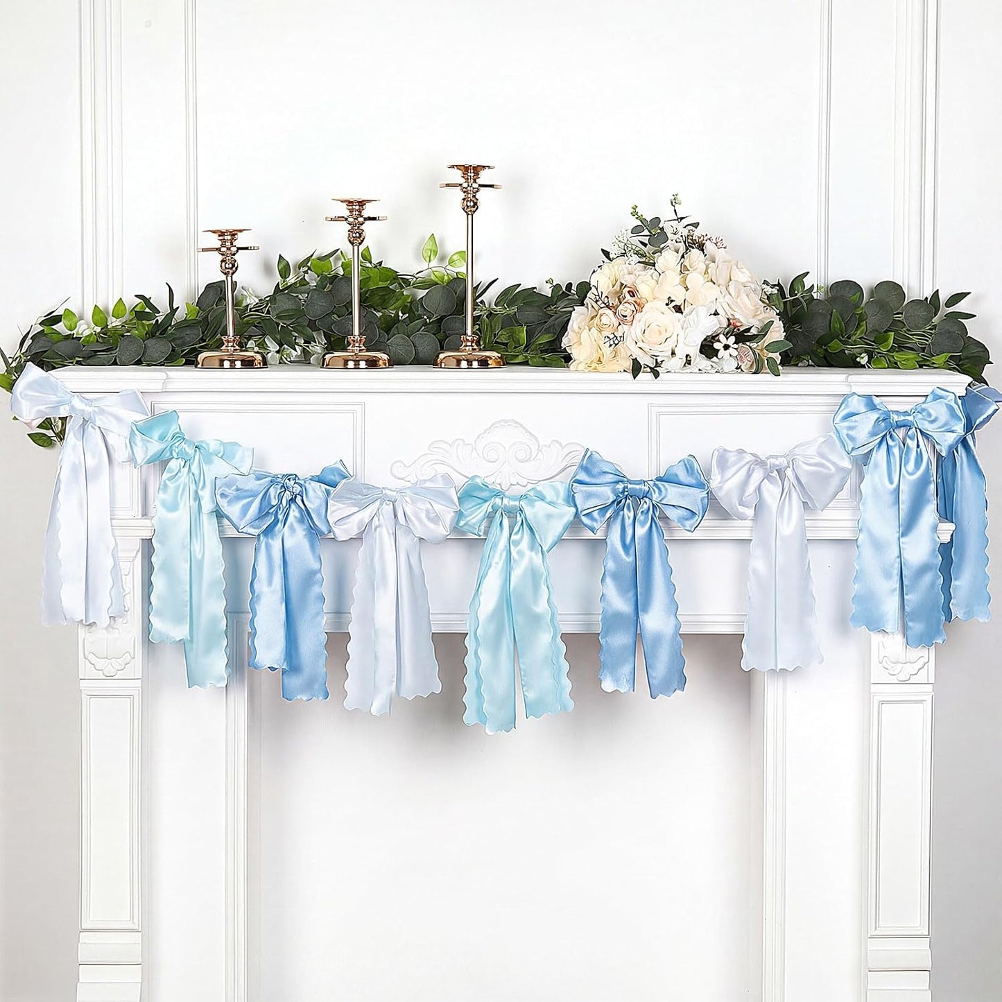 VitalCozy Blue Bow Garland - Pre-Strung Satin Ribbon Decor for Coquette Party & Bridal Showers
