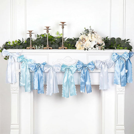 VitalCozy Blue Bow Garland - Pre-Strung Satin Ribbon Decor for Coquette Party & Bridal Showers