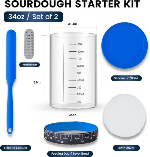 Adodeen Sourdough Starter Kit - 2 Pack 34oz Organic Glass Jars | Wide Mouth Fermenters for Home Baking