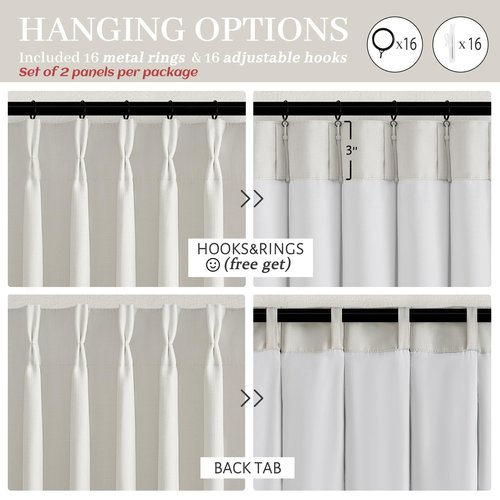 100% Blackout Linen 96 Inch Curtains 2 Panel Set for Bedroom, Modern Pinch Pleated Natural Linen Off Beige White Insulated Heavy Curtain 40 x 96 Inches Length Sliding Glass Door Room Darkening Drapes