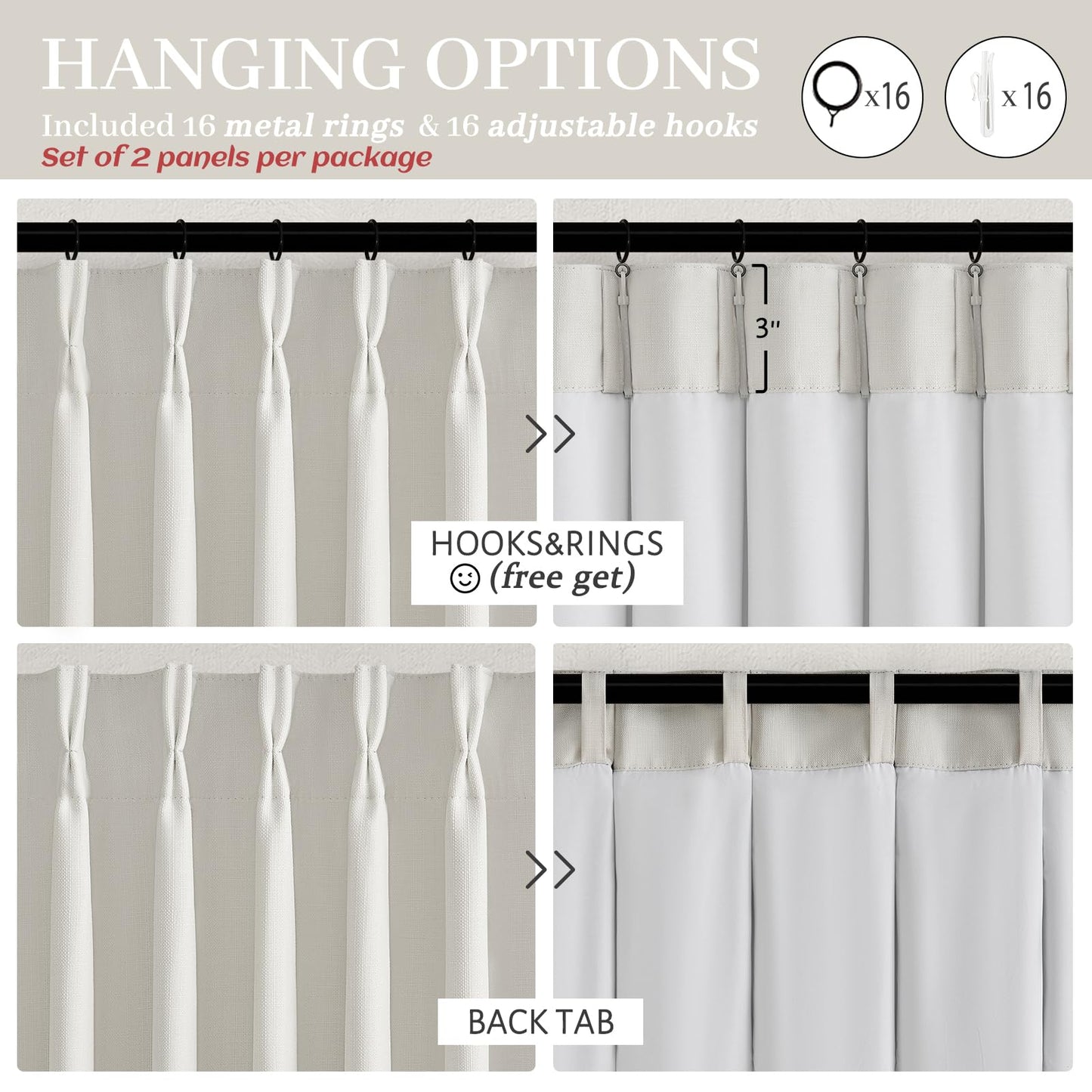Pleat Viral Linen 90 Inch Blackout Curtains for Bedroom, Pinch Pleated Soundproof Privacy Farmhouse Window Drapes Decor with Hooks Neutral Beige White Nursery/Kids Room Darkening Burg 2 Panels Set
