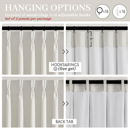 Pleat Viral Linen 90 Inch Blackout Curtains for Bedroom, Pinch Pleated Soundproof Privacy Farmhouse Window Drapes Decor with Hooks Neutral Beige White Nursery/Kids Room Darkening Burg 2 Panels Set