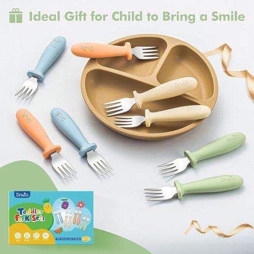 DRKIO Toddler Forks Set - 8-Piece Baby Utensils with Silicone Handle | Safe 18/8 Stainless Steel, Anti-Choke Design