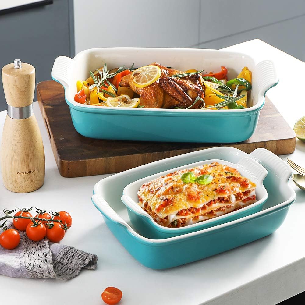 Sweejar Baking Pans Set - Durable Ceramic 9x13 Baking Dish with Handle | 3-Piece Rectangular Casserole Set in Turquoise
