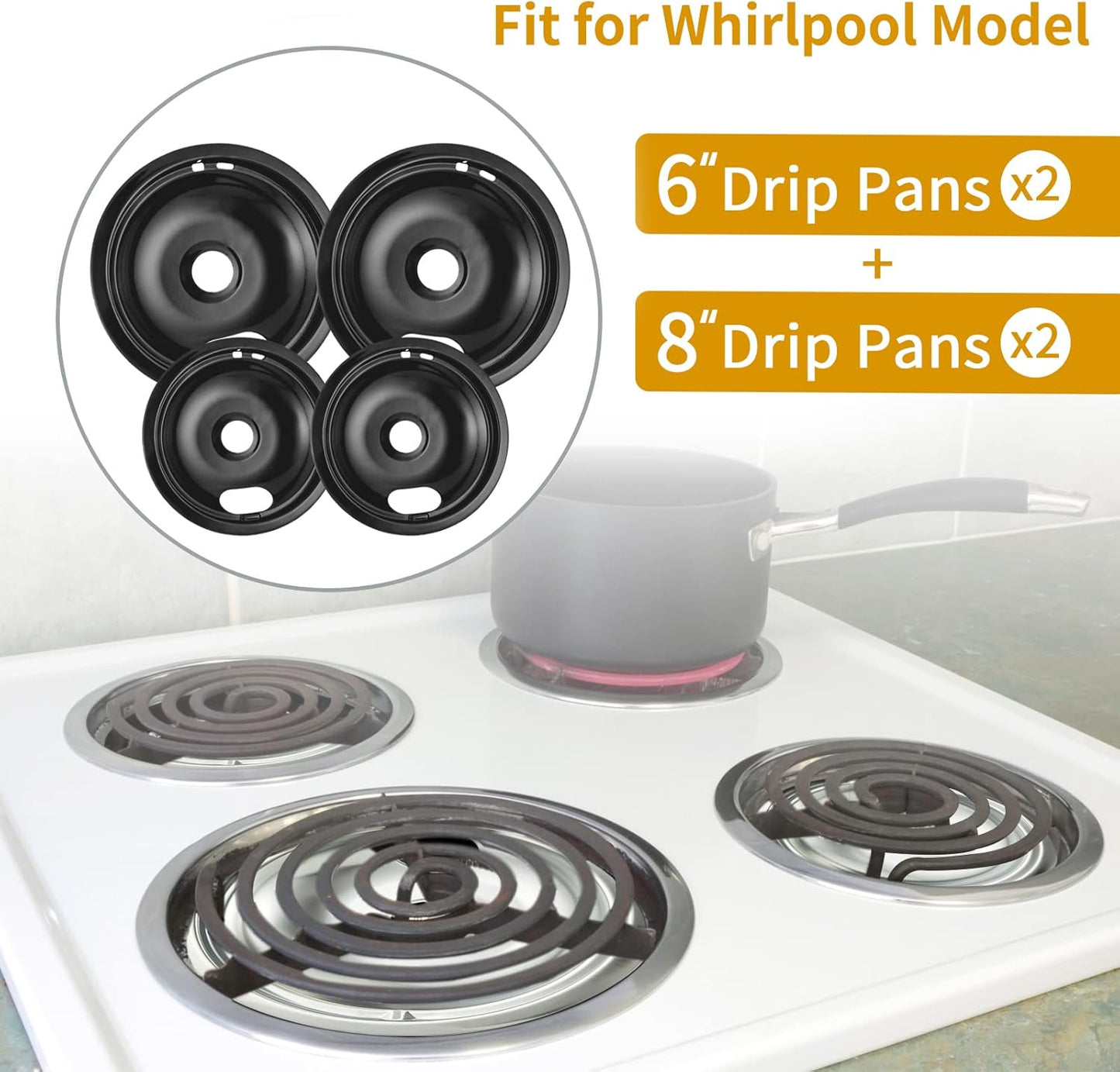 Whirlpool 4-Pack Black Drip Pans - Compatible Replacement for Kenmore Stove Tops | 2 x 6" & 2 x 8" Sizes