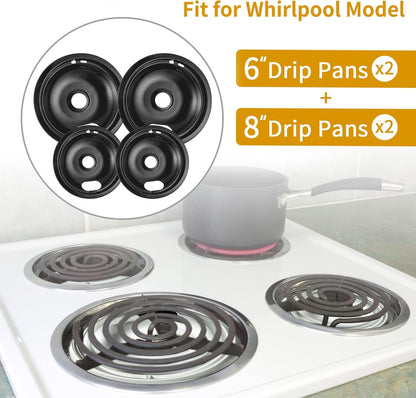 Whirlpool 4-Pack Black Drip Pans - Compatible Replacement for Kenmore Stove Tops | 2 x 6" & 2 x 8" Sizes