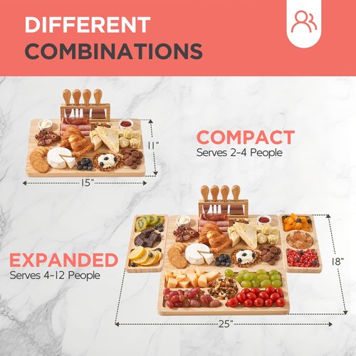 Bamboo Charcuterie Boards, Large Easter Charcuterie Board Set with Serving Tray Knife and Bowl, Bamboo Cheese Board for Christmas, Thanksgiving, House Warming Gifts New Home