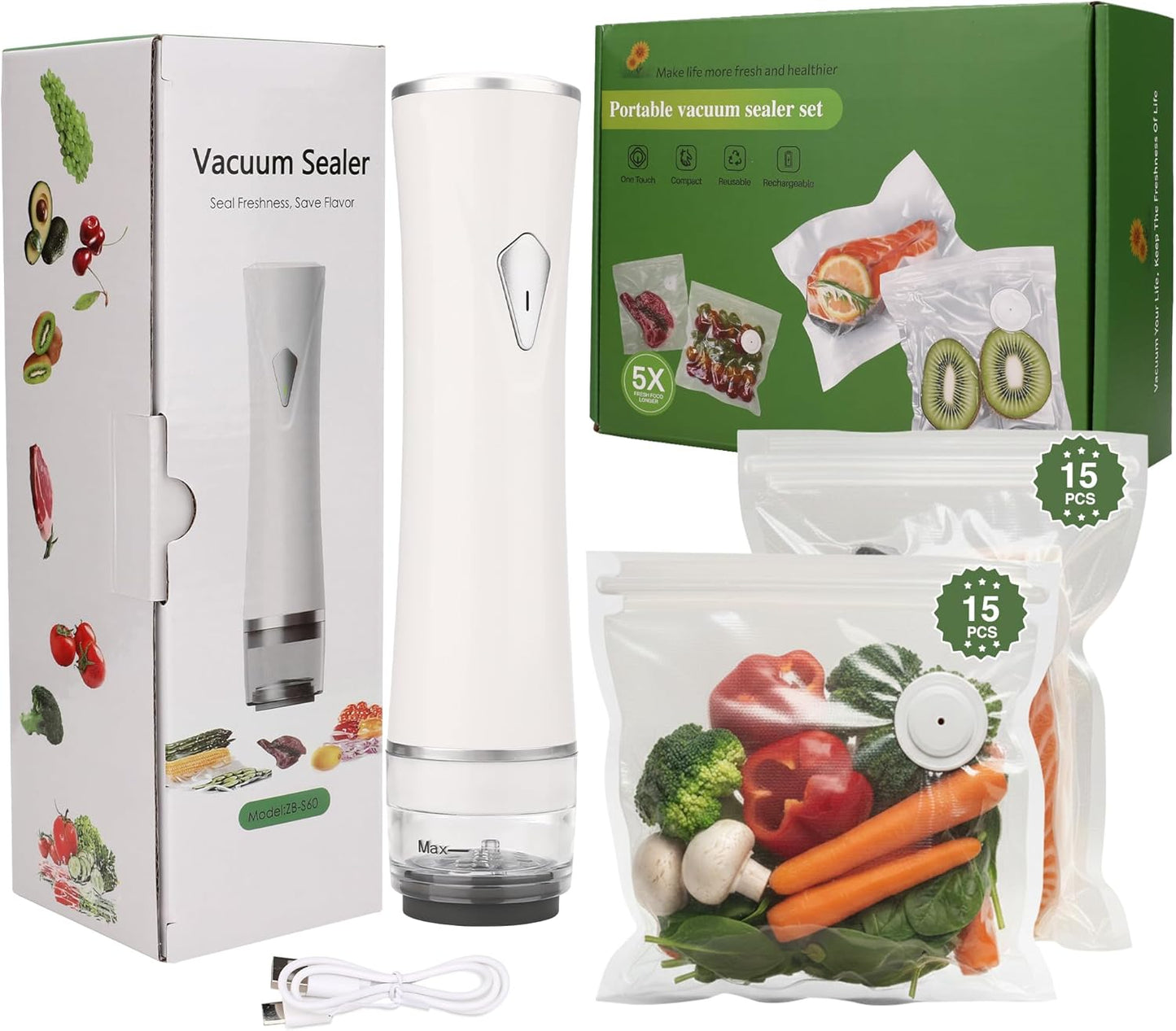 Skiennix Handheld Vacuum Sealer - USB Rechargeable with 30 Reusable Bags | Compact Food Storage Solution