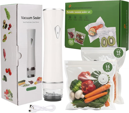 Skiennix Handheld Vacuum Sealer - USB Rechargeable with 30 Reusable Bags | Compact Food Storage Solution