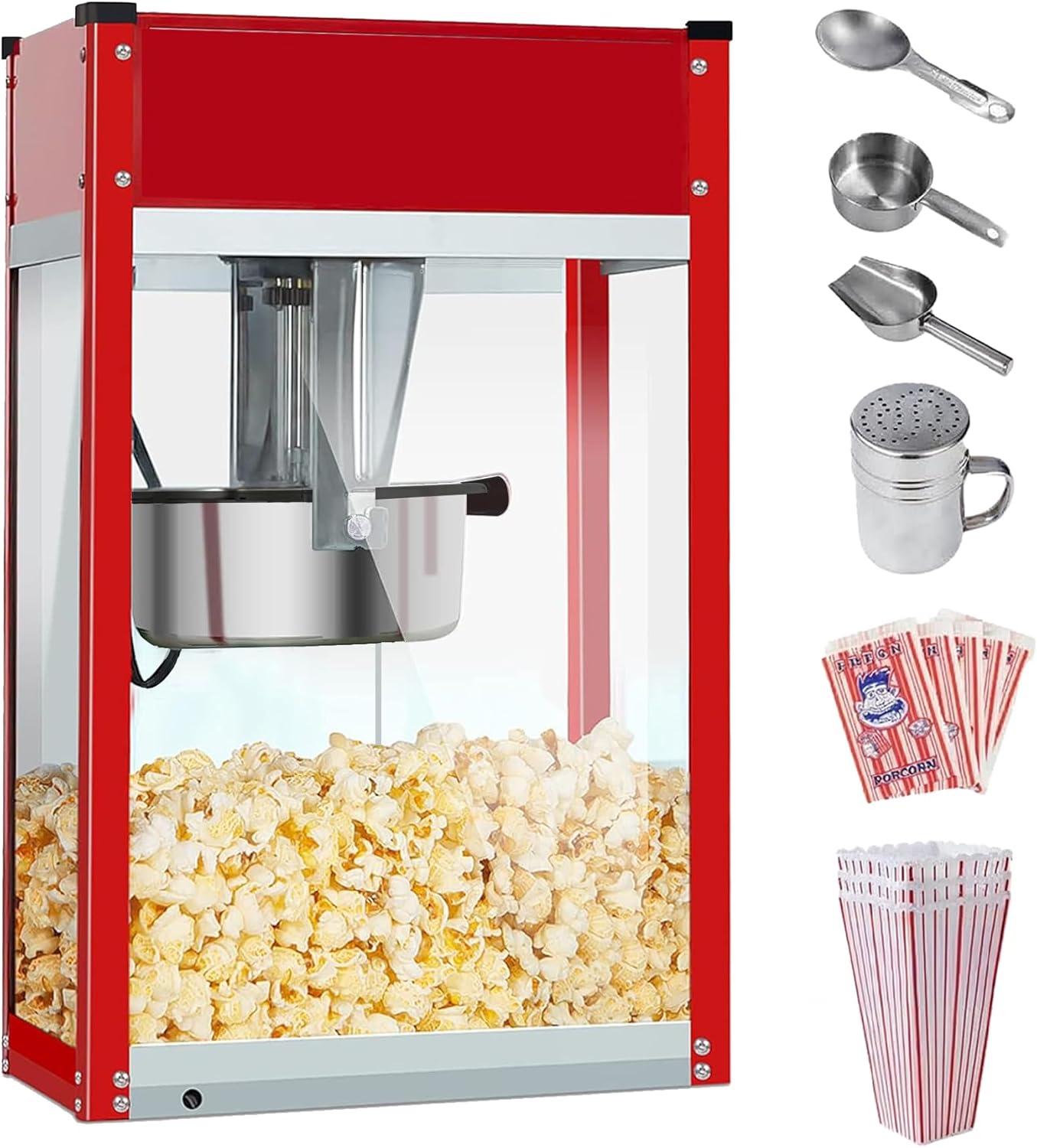Popcorn Machine - Electric Popcorn Popper With Stainless Steel Kettle & Accessories | Theater Style | 1500W | Red, 8 oz (64 Cup Capacity)