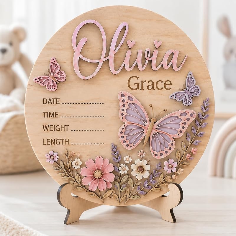 Personalized Baby Name Announcement Sign – Wooden Birth Plaque, Design 2