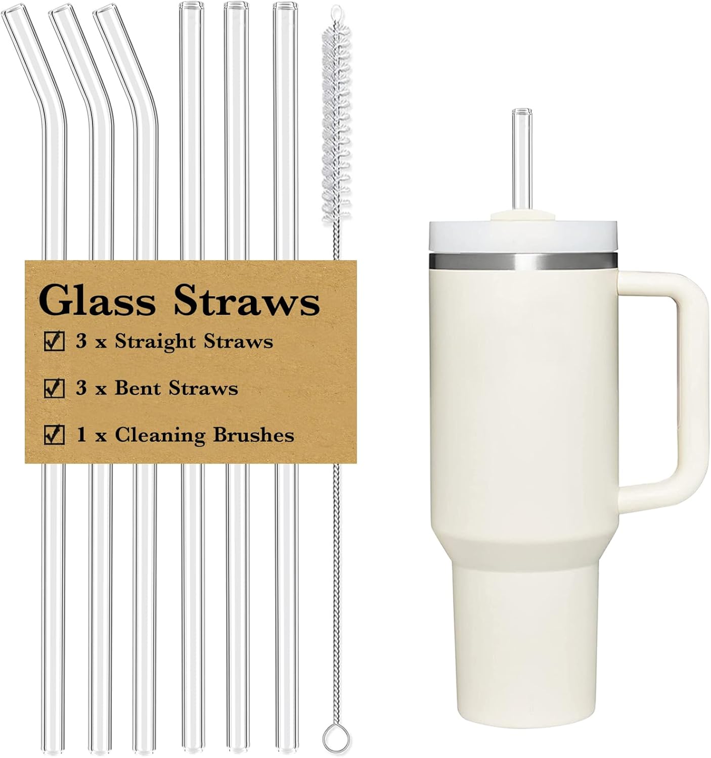 Skiennix Clear Glass Straws - Reusable & Shatterproof for Stanley 40 oz/30 oz Tumblers | 6 Pack with Cleaning Brush