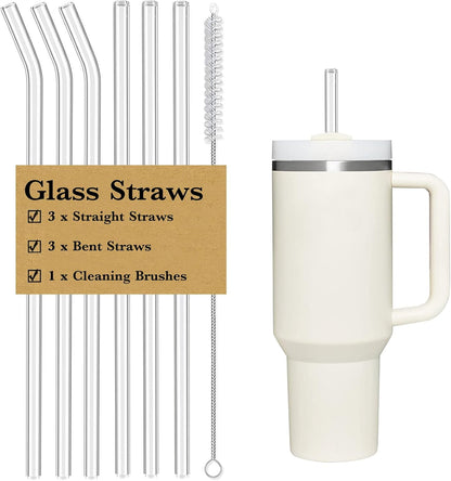 Skiennix Clear Glass Straws - Reusable & Shatterproof for Stanley 40 oz/30 oz Tumblers | 6 Pack with Cleaning Brush