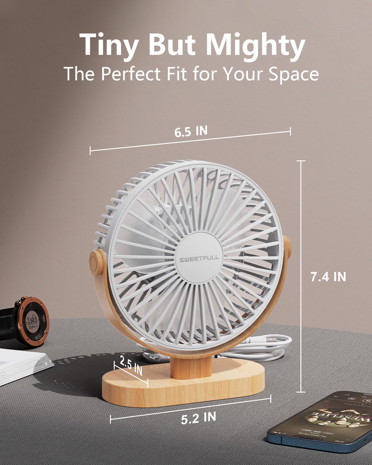 Sweetfull USB Desk Fan - 6.5 Inch Portable Mini Fan with 3 Speeds & 360° Adjustment | Quiet Operation in White Wood Grain