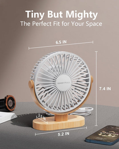 Sweetfull USB Desk Fan - 6.5 Inch Portable Mini Fan with 3 Speeds & 360° Adjustment | Quiet Operation in White Wood Grain