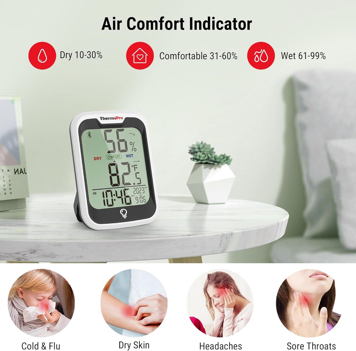 ThermoPro TP358 Bluetooth Thermometer - Smart Indoor Temperature & Humidity Sensor | 260Ft Range, Backlit Display