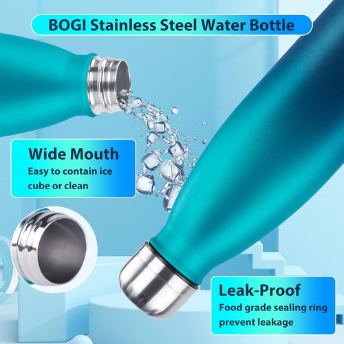 BOGI Insulated Water Bottle - 17oz Stainless Steel, Leak-Proof Design | Keeps Drinks Cold for 24 Hours, Hot for 12 Hours (Blue)