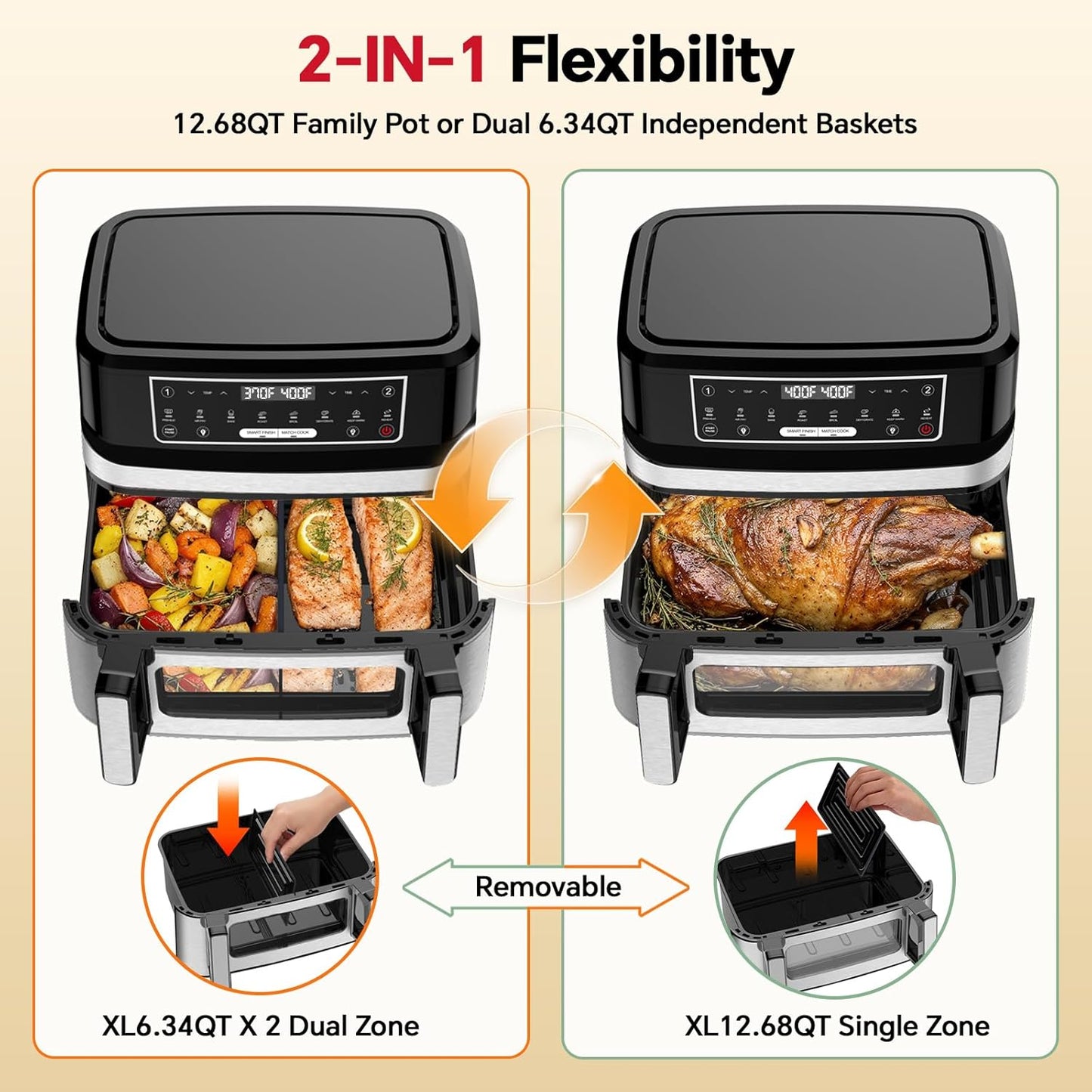 Skiennix 1600W Dual Zone Air Fryer Oven - 12.69QT Nonstick Basket with Smart Finish & Digital Touchscreen
