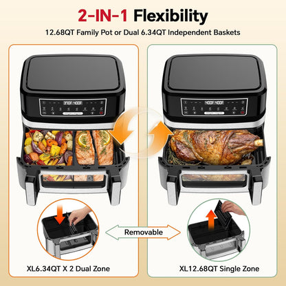 Skiennix 1600W Dual Zone Air Fryer Oven - 12.69QT Nonstick Basket with Smart Finish & Digital Touchscreen