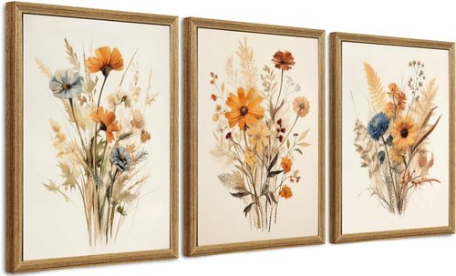 Framed Vintage Wildflower Canvas Wall Art - Set of 3 Rustic Floral Prints | 12" x 16" for Bedroom & Living Room