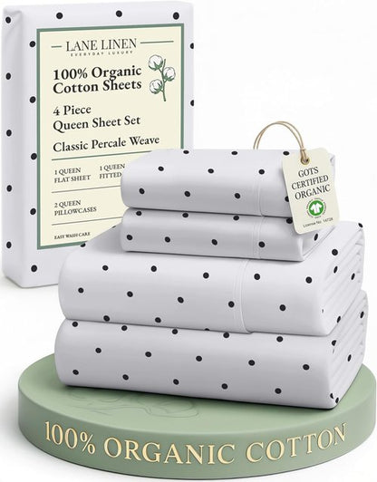 **LANE LINEN Eco-Friendly 100% Organic Cotton Queen Bed Sheet Set - Luxury Printed, Deep Pocket, Black Polka Dot**