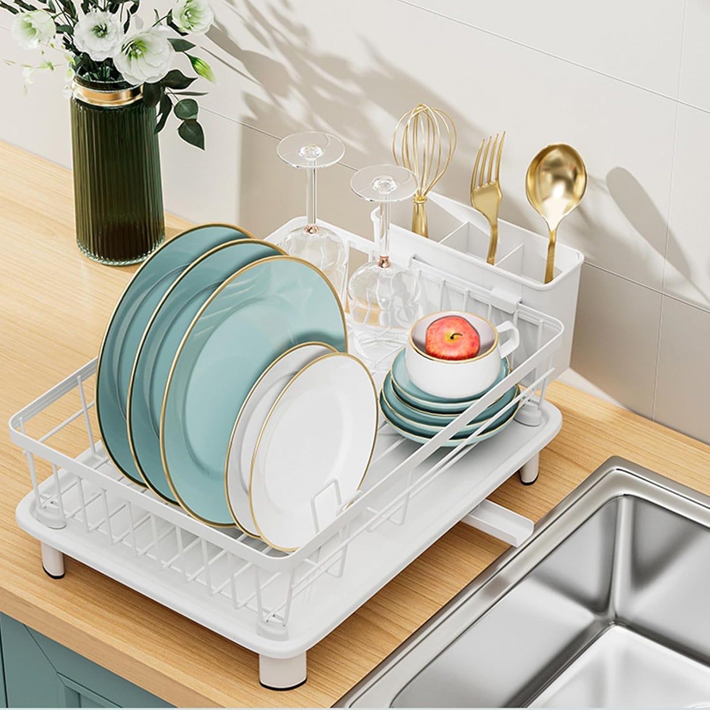 Skiennix Small Dish Drying Rack - Space-Saving Kitchen Organizer with Cutlery Holder | 11''W x 15''L, White