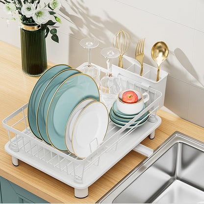 Skiennix Small Dish Drying Rack - Space-Saving Kitchen Organizer with Cutlery Holder | 11''W x 15''L, White