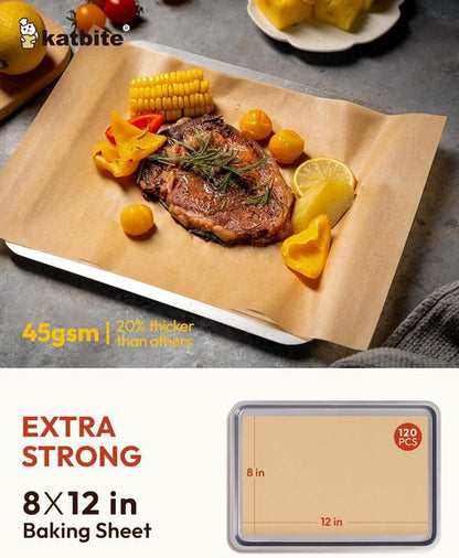 Katbite Parchment Paper Sheets - Heavy Duty Unbleached Baking Paper | 120 Pcs, 8x12 Inches, Pre-Cut for Air Fryer & Grilling