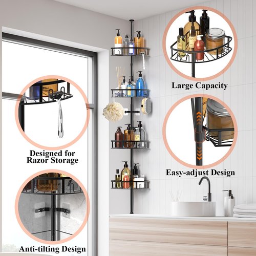 4-Tier Rustproof Corner Shower Caddy by [Brand Name] - Adjustable Tension Pole, 42-115 Inch Height, Freestanding Bathroom Organizer - Black
