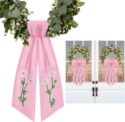 Skiennix 2 Pack Daisy Floral Wreath Sash - Embroidered Spring Ribbon Decor for Front Door | Pink