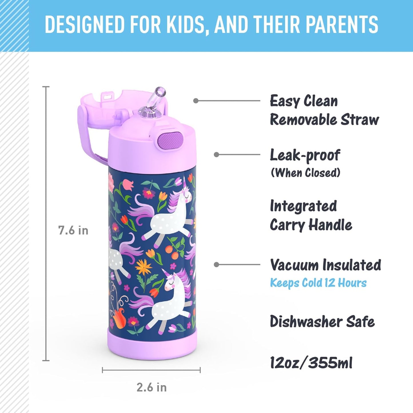 THERMOS FUNTAINER Water Bottle - 12 Ounce Kids Stainless Steel Insulated Bottle | Unicorn Blooms Design