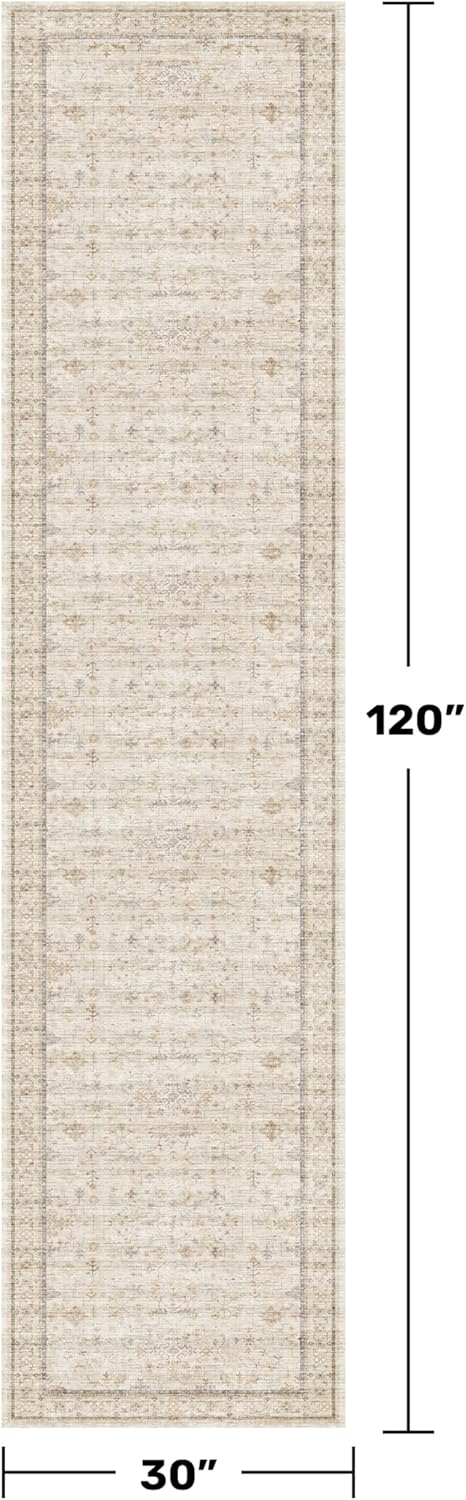 Skiennix Extra Long Runner Rug - Non-Slip, Machine Washable | Soft Low Pile, Light Beige, 2'6"x10' Geometric Floral Design