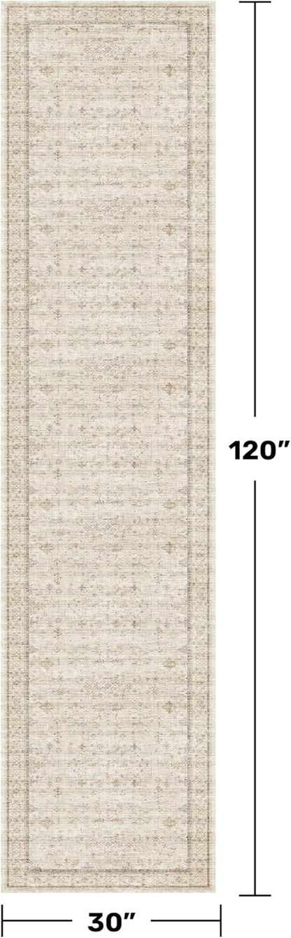 Skiennix Extra Long Runner Rug - Non-Slip, Machine Washable | Soft Low Pile, Light Beige, 2'6"x10' Geometric Floral Design