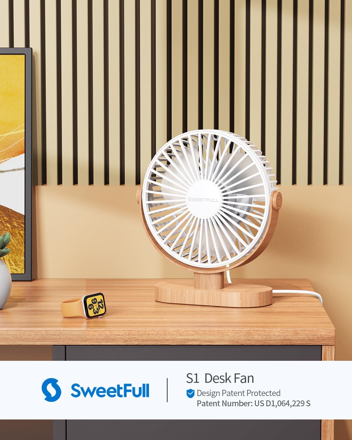 Sweetfull USB Desk Fan - 6.5 Inch Portable Mini Fan with 3 Speeds & 360° Adjustment | Quiet Operation in White Wood Grain