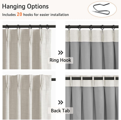 Skiennix 100% Blackout Curtains - Textured Pinch Pleated Drapes, 84" Long, Beige, 2 Panels Set