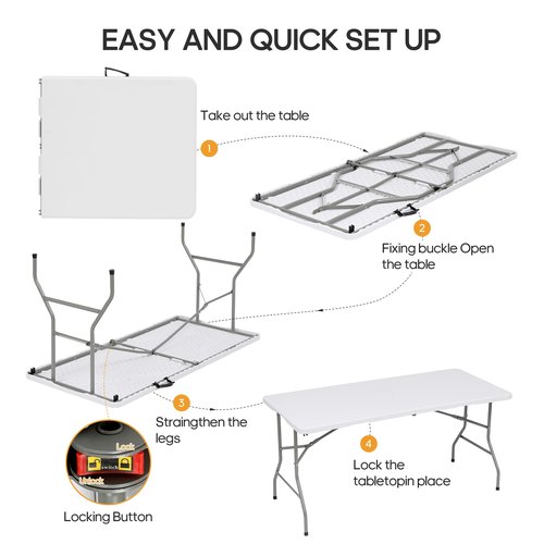 LUCKPRO 6ft Folding Table Heavy Duty 350 LBS Capacity Foldable Table with 18% Thicker HDPE Waterproof Top & Reinforced Steel Frame, Portable Fold-in-Half Table for Outdoor Indoor Party Wedding Camping