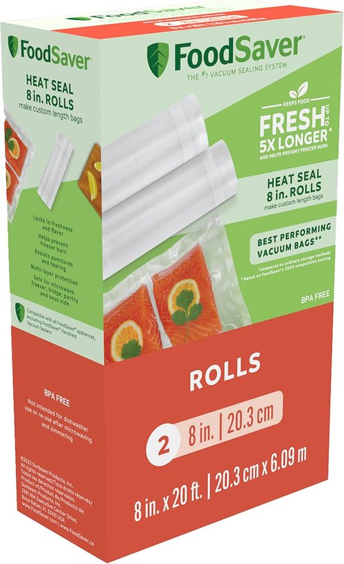 FoodSaver Vacuum Sealer Bags - Custom Fit Airtight Food Storage & Sous Vide | 8" x 20' (Pack of 2)