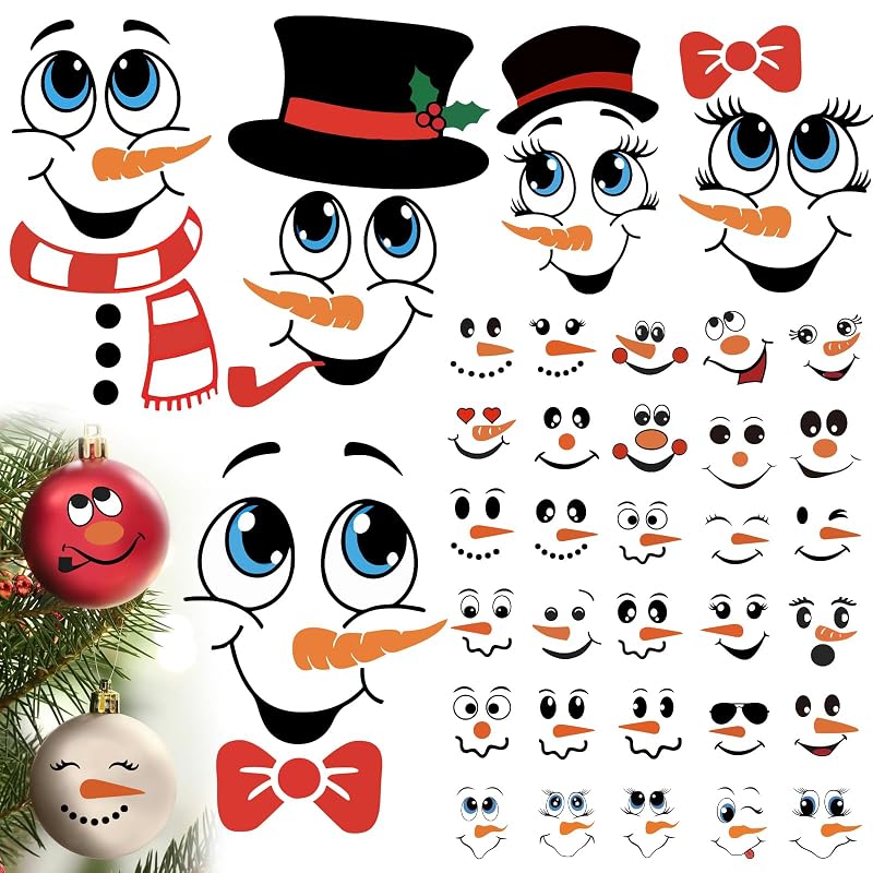 48 Pcs Snowman Face Stickers for Crafts Christmas Decorations - Waterproof Holiday Decals